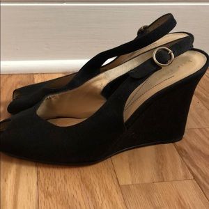 Kate Spade black fabric pltform open toe slingback